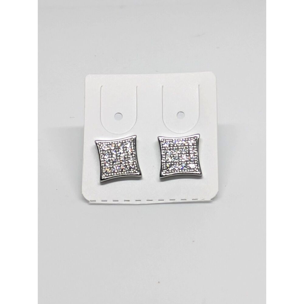 Mens Brand New 14K White Gold Plated Flared Square Iced Out Stud Earrings